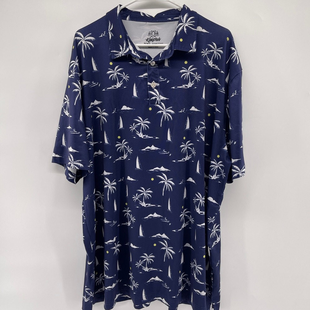Kaipar Mens 3XL Navy Blue Tropical Palm Tree Sailboat Short Sleeve Polo Shirt - Picture 2 of 5